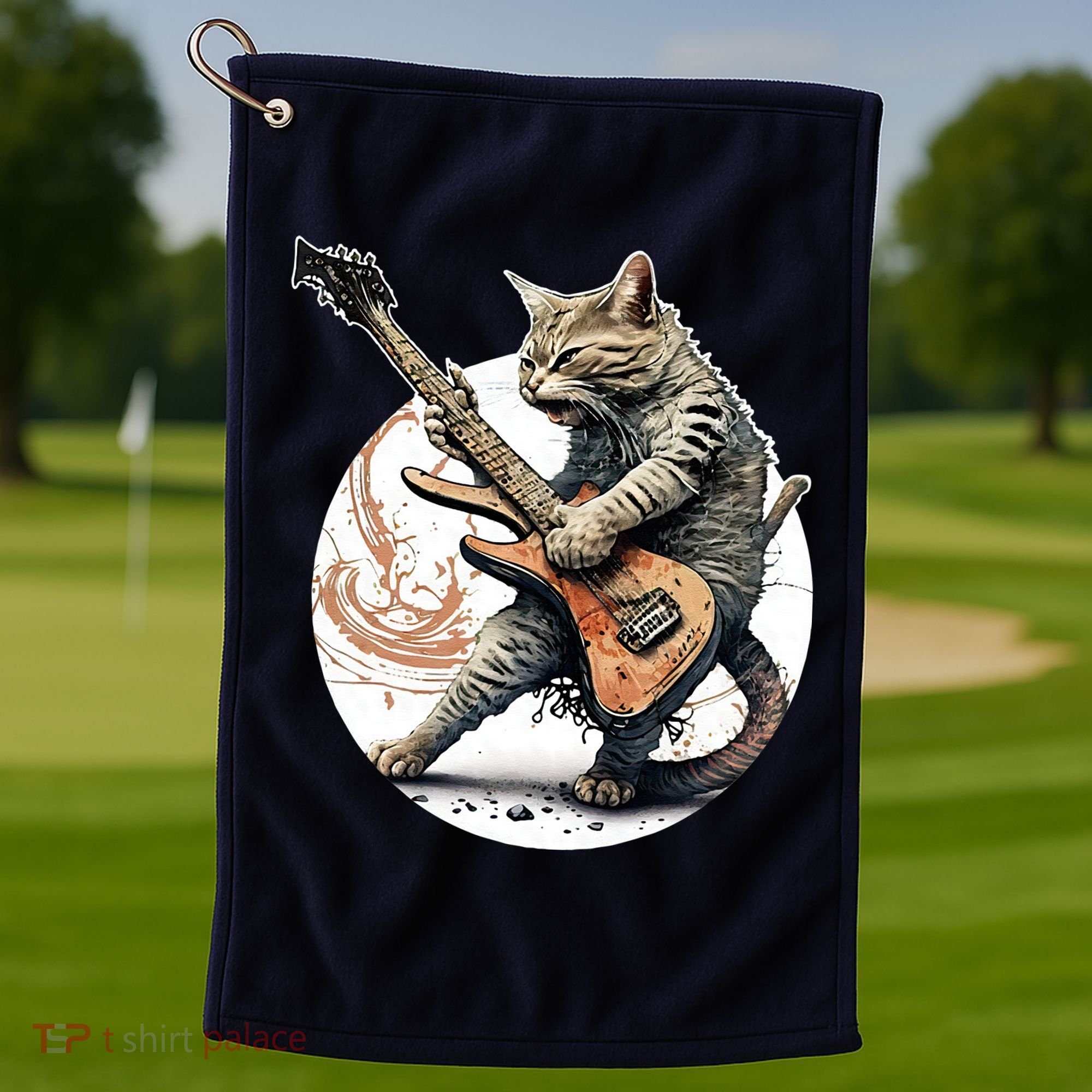 Cat Playing Guitar Rock Cat Heavy Metal Cat Music Cat Golf Towel