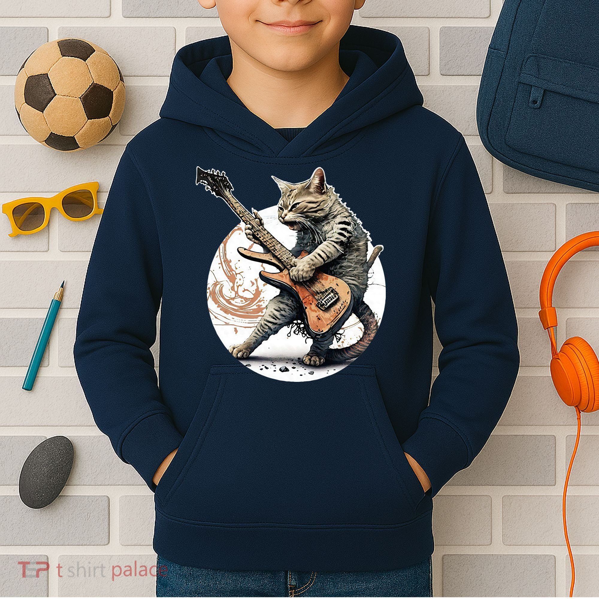 Cat Playing Guitar Rock Cat Heavy Metal Cat Music Cat Kids Hoodie