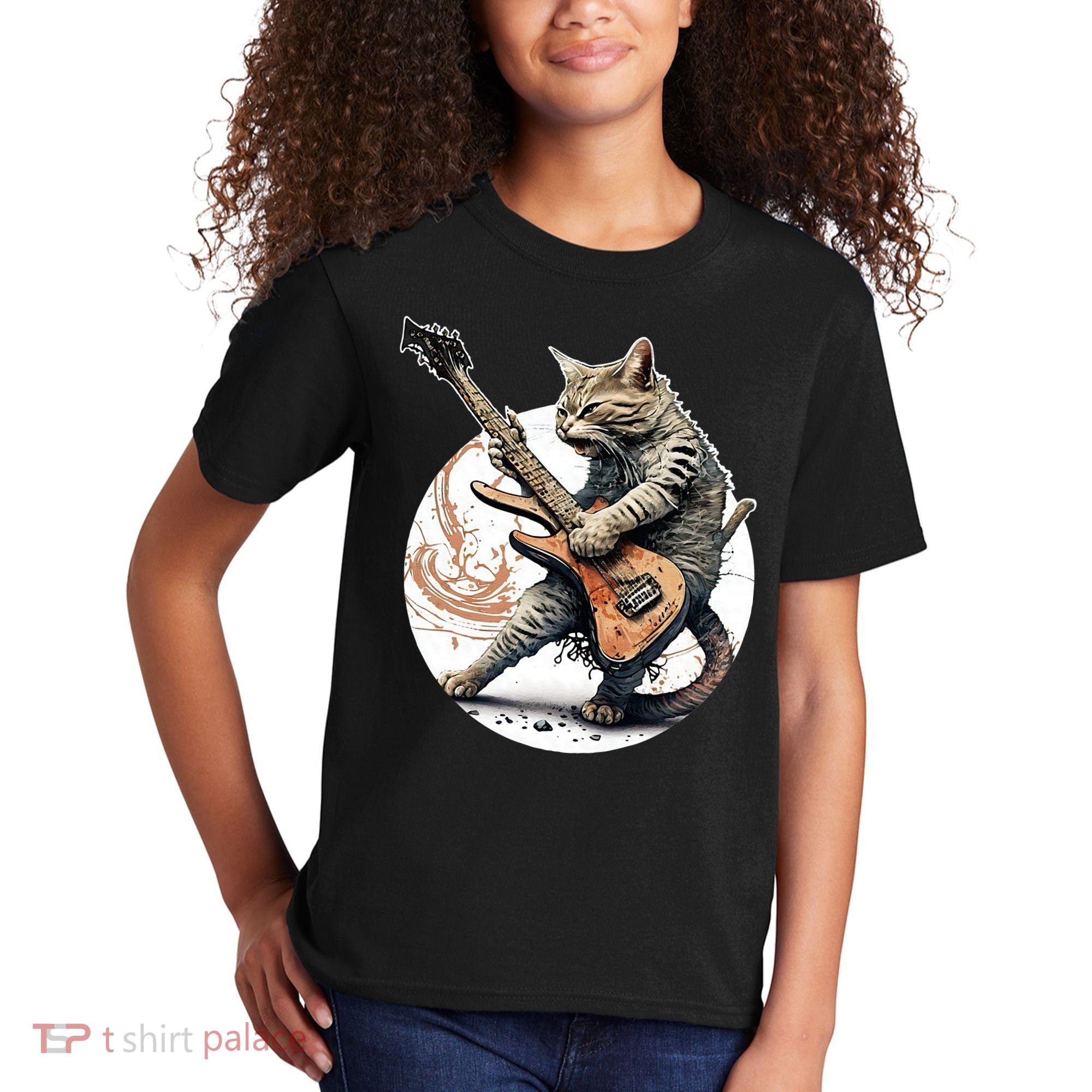 Cat Playing Guitar Rock Cat Heavy Metal Cat Music Cat Kids T-Shirt