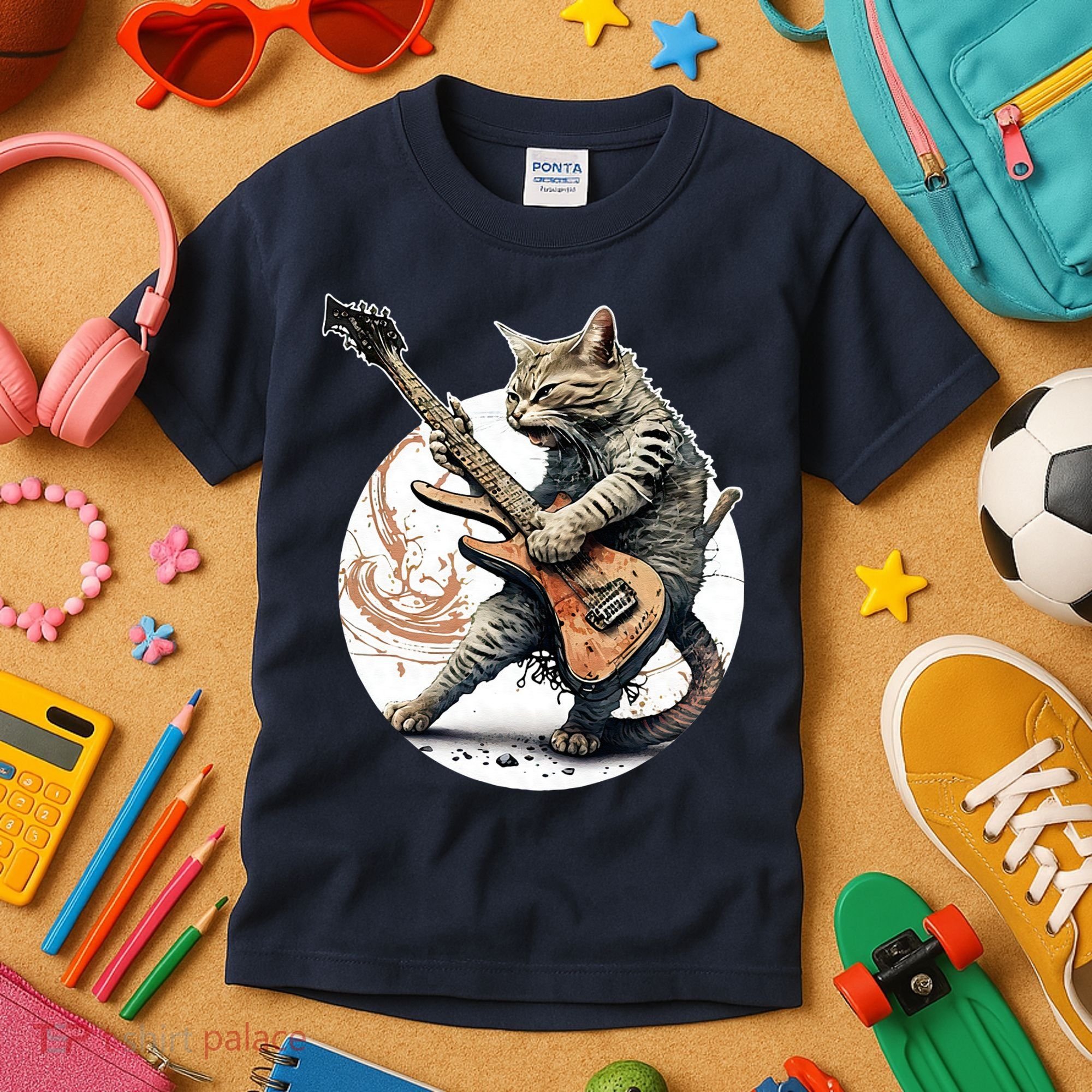 Cat Playing Guitar Rock Cat Heavy Metal Cat Music Cat Kids T-Shirt