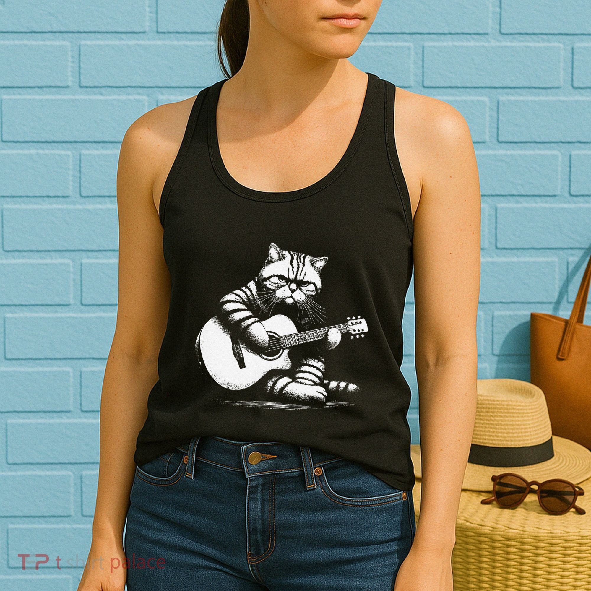Cat Playing Guitar Acoustic Guitar Women's Tank Top