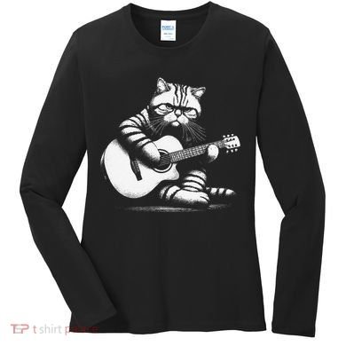 Cat Playing Guitar Acoustic Guitar Women's Long Sleeve Shirt