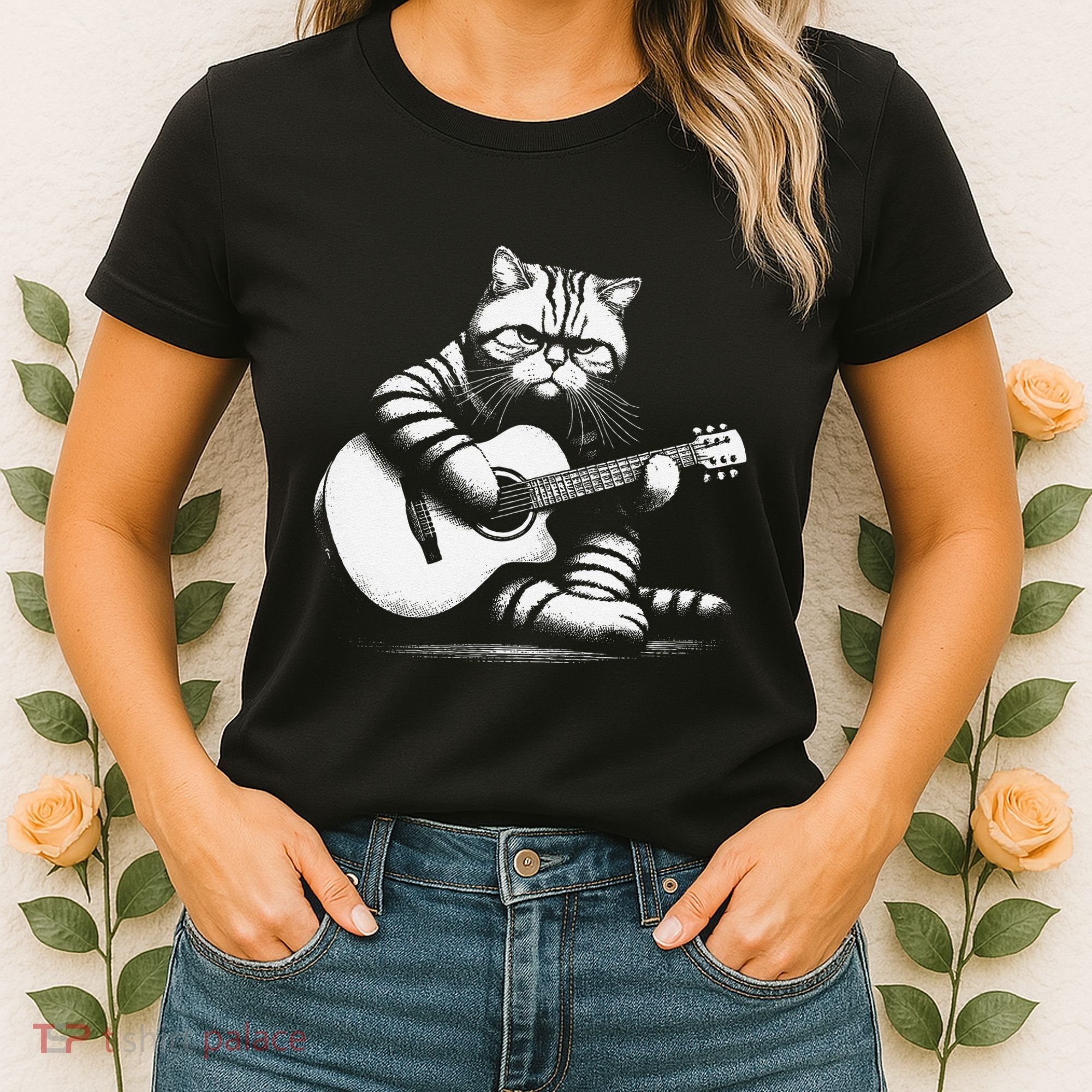 Cat Playing Guitar Acoustic Guitar Women's T-Shirt