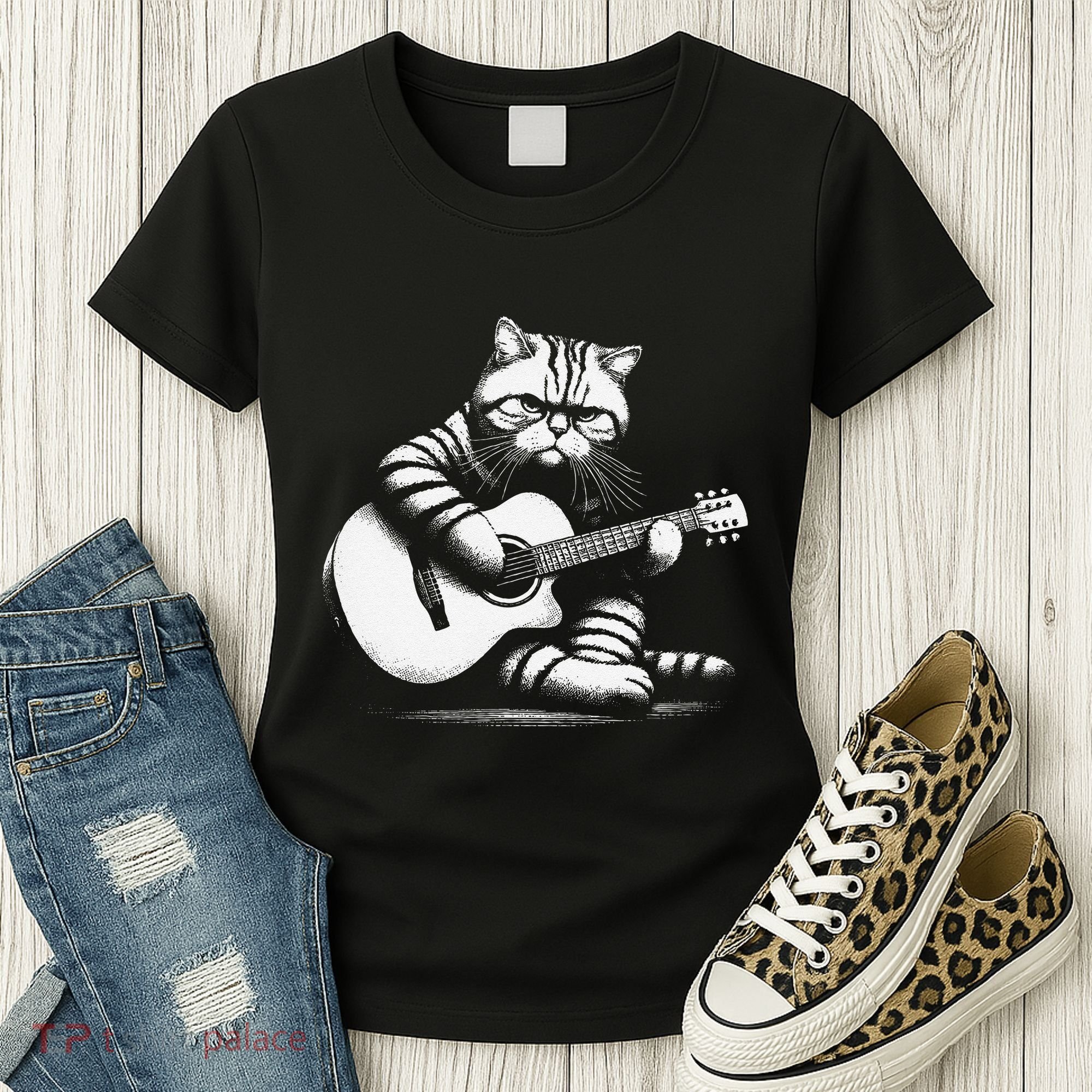Cat Playing Guitar Acoustic Guitar Women's T-Shirt