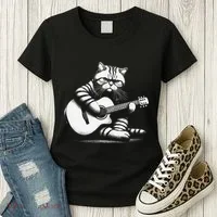Cat Playing Guitar Acoustic Guitar Women's T-Shirt thumb 3