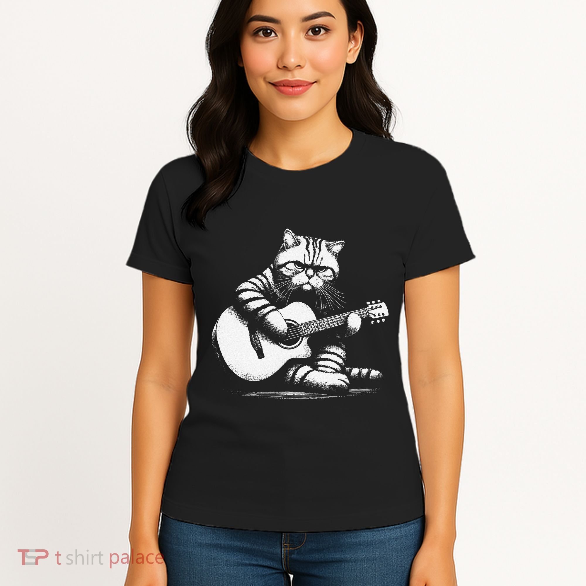 Cat Playing Guitar Acoustic Guitar Women's T-Shirt
