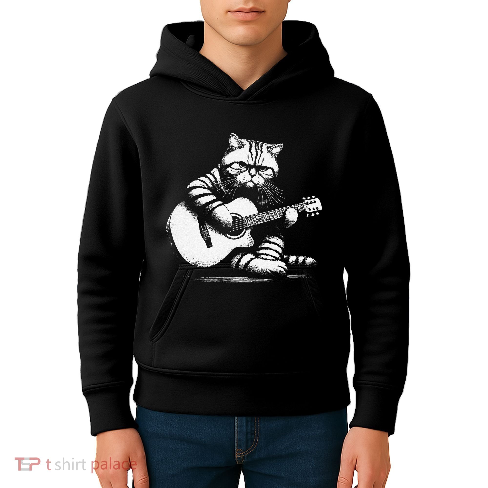 Cat Playing Guitar Acoustic Guitar Kids Hoodie