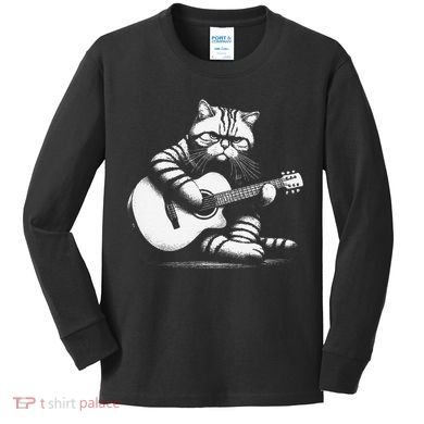 Cat Playing Guitar Acoustic Guitar Kids Long Sleeve Shirt