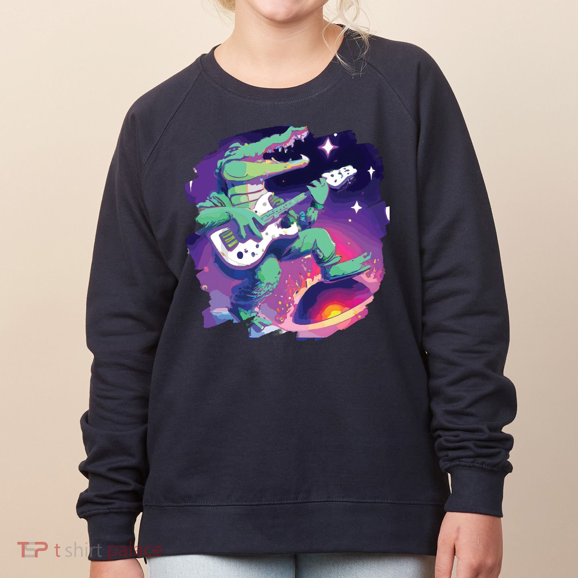 Crocodile Playing Guitar In Space Outer Space Alligator Women's Sweatshirt