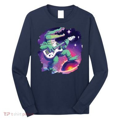 Crocodile Playing Guitar In Space Outer Space Alligator Long Sleeve Shirt