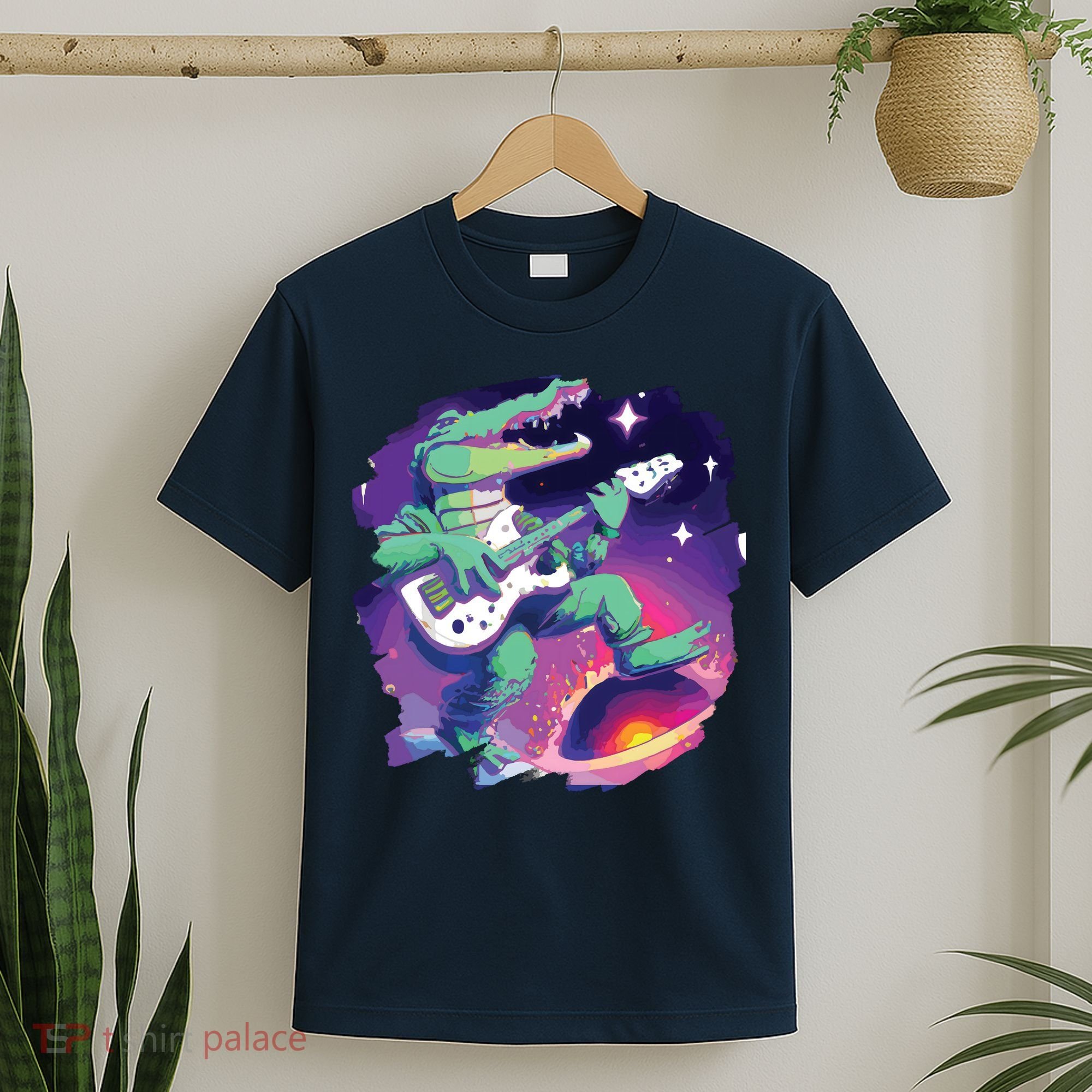Crocodile Playing Guitar In Space Outer Space Alligator T-Shirt