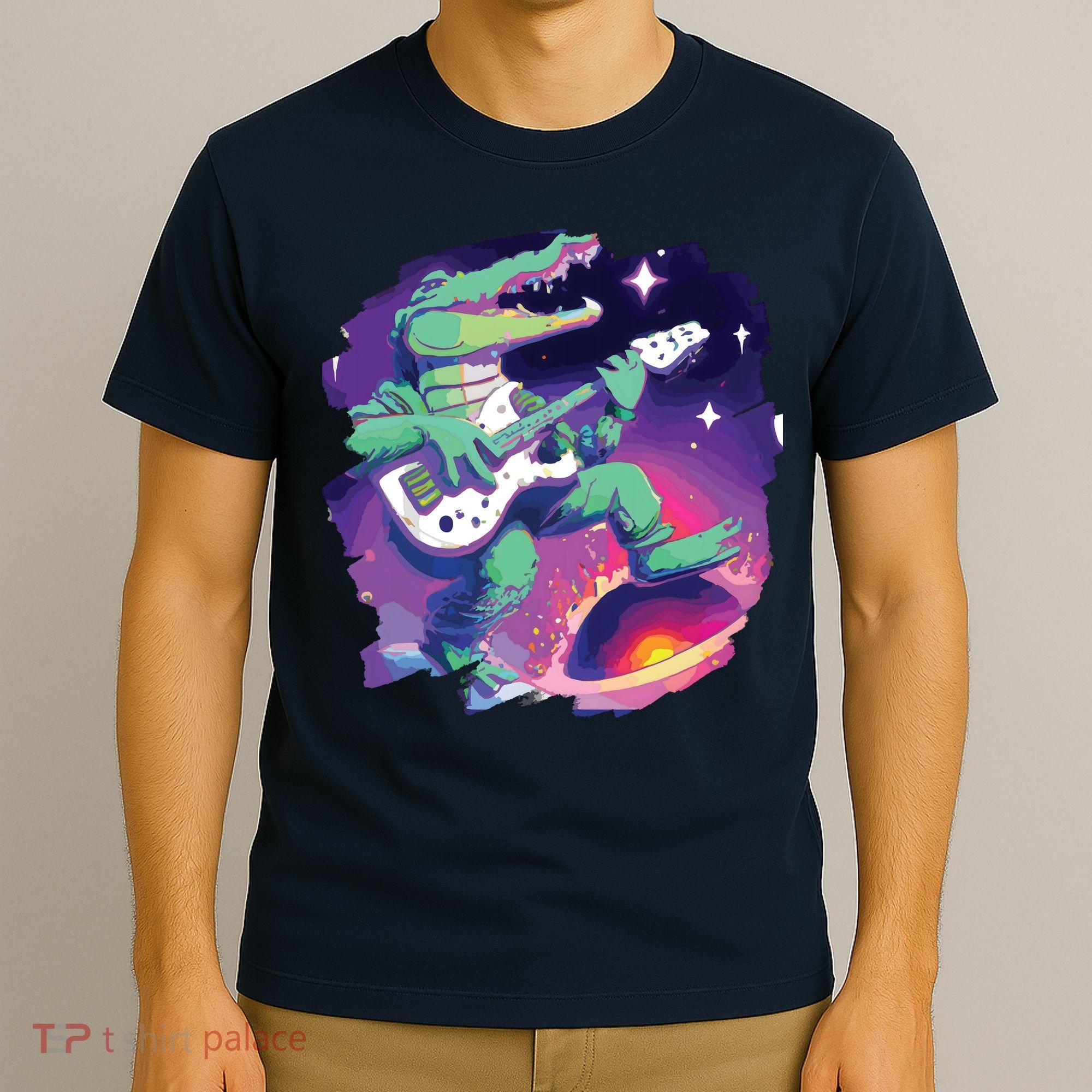 Crocodile Playing Guitar In Space Outer Space Alligator T-Shirt