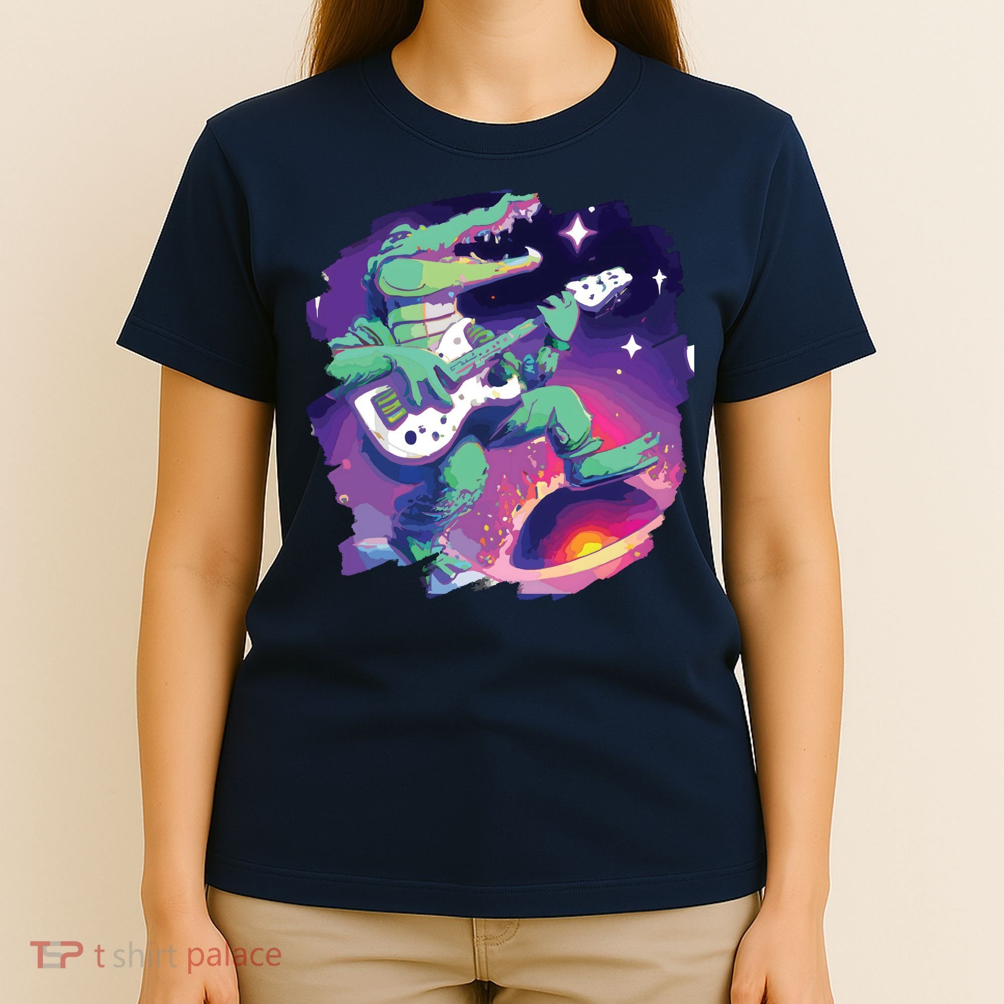 Crocodile Playing Guitar In Space Outer Space Alligator T-Shirt