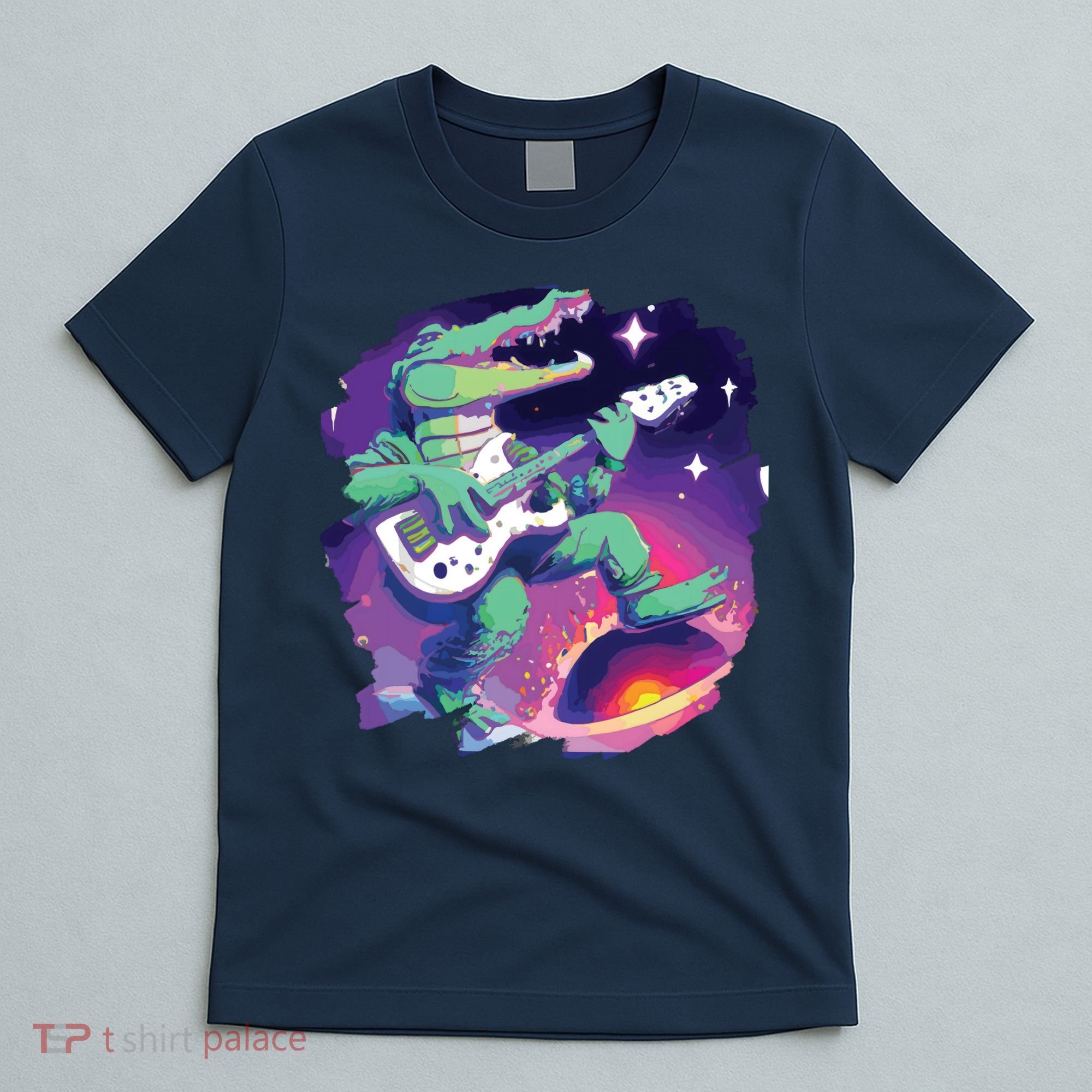 Crocodile Playing Guitar In Space Outer Space Alligator T-Shirt
