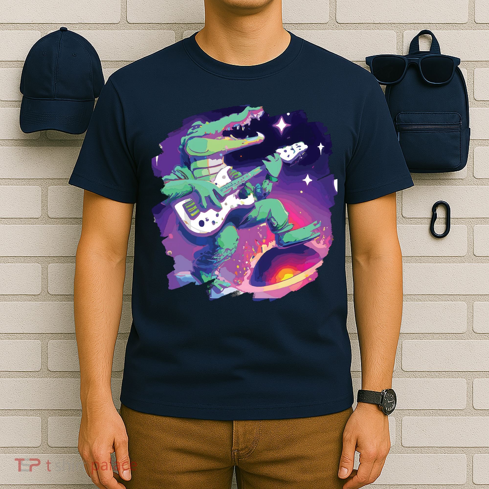 Crocodile Playing Guitar In Space Outer Space Alligator T-Shirt