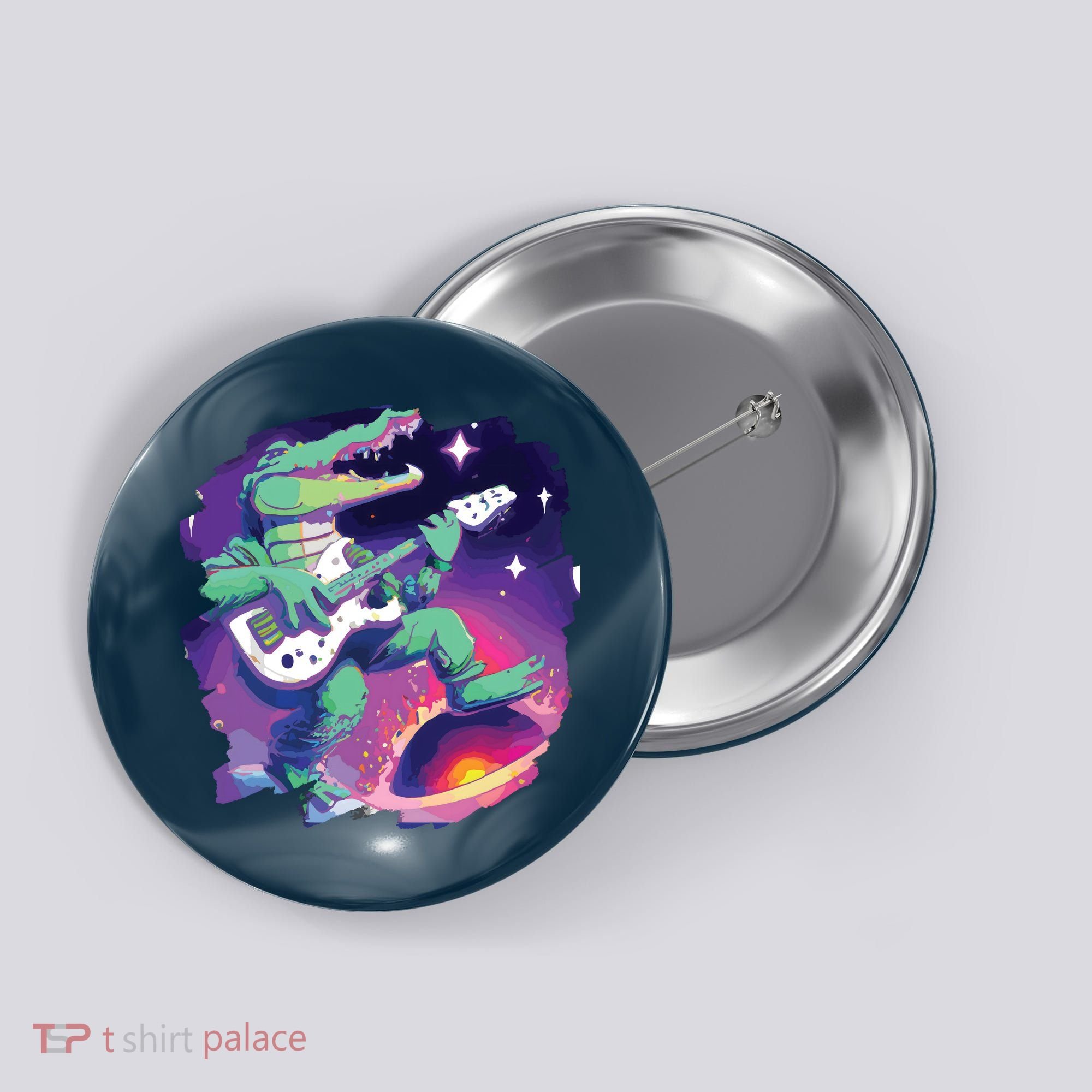 Crocodile Playing Guitar In Space Outer Space Alligator Button