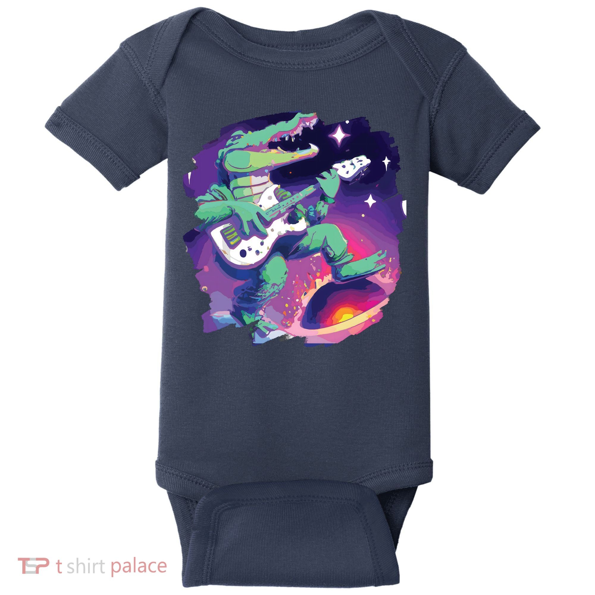 Crocodile Playing Guitar In Space Outer Space Alligator Baby Bodysuit