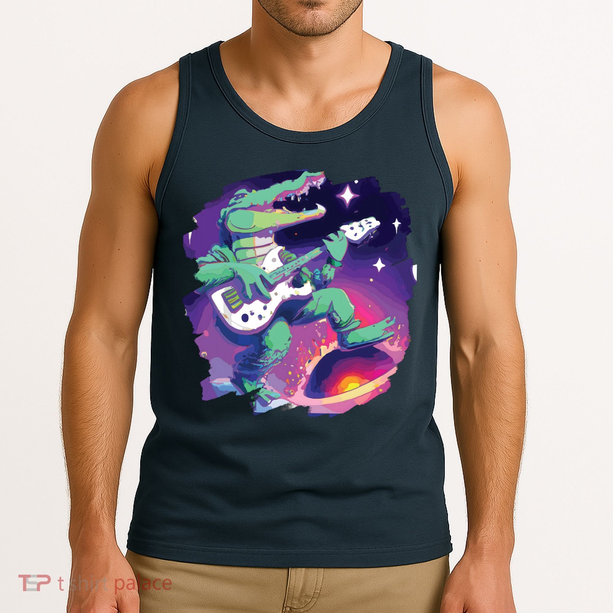 Crocodile Playing Guitar In Space Outer Space Alligator Tank Top