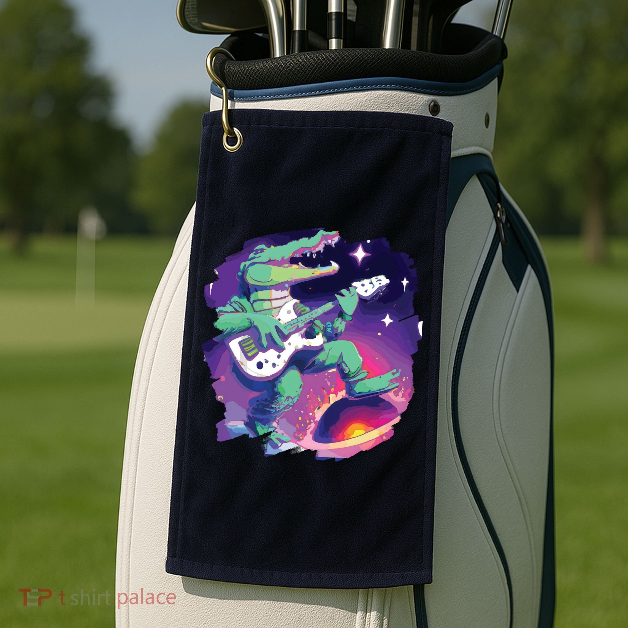 Crocodile Playing Guitar In Space Outer Space Alligator Golf Towel