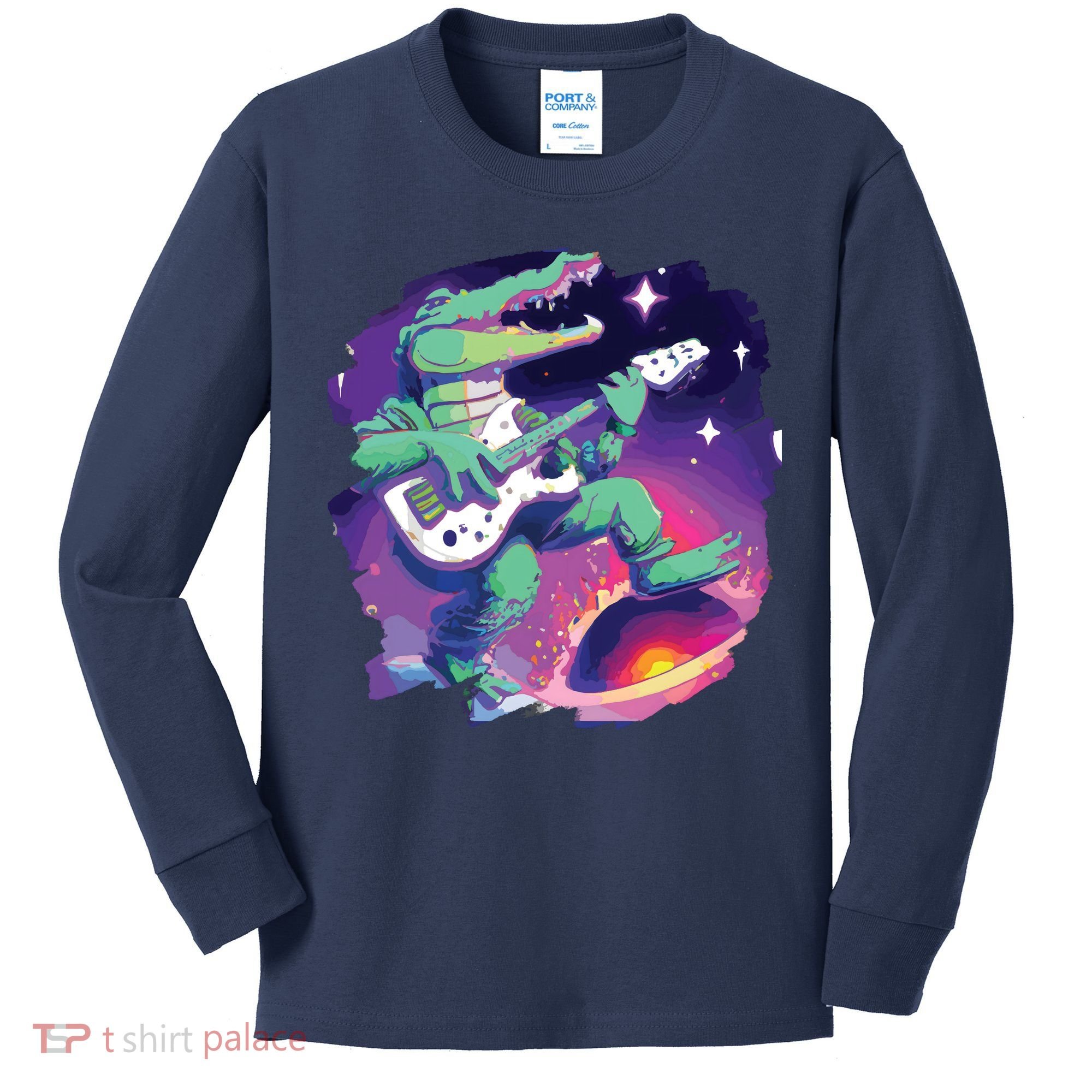 Crocodile Playing Guitar In Space Outer Space Alligator Kids Long Sleeve Shirt
