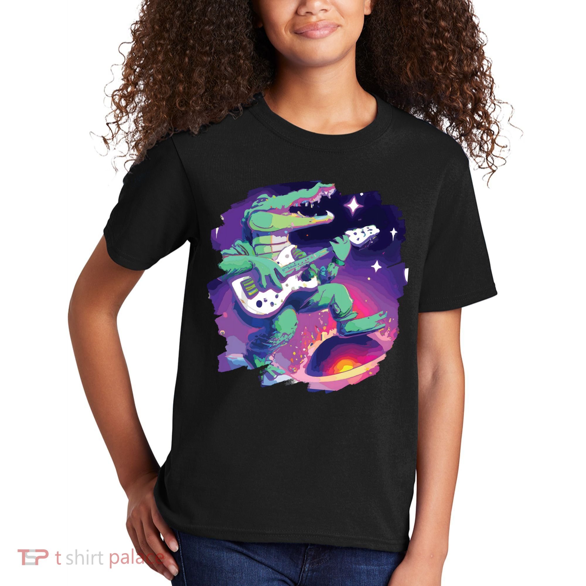 Crocodile Playing Guitar In Space Outer Space Alligator Kids T-Shirt