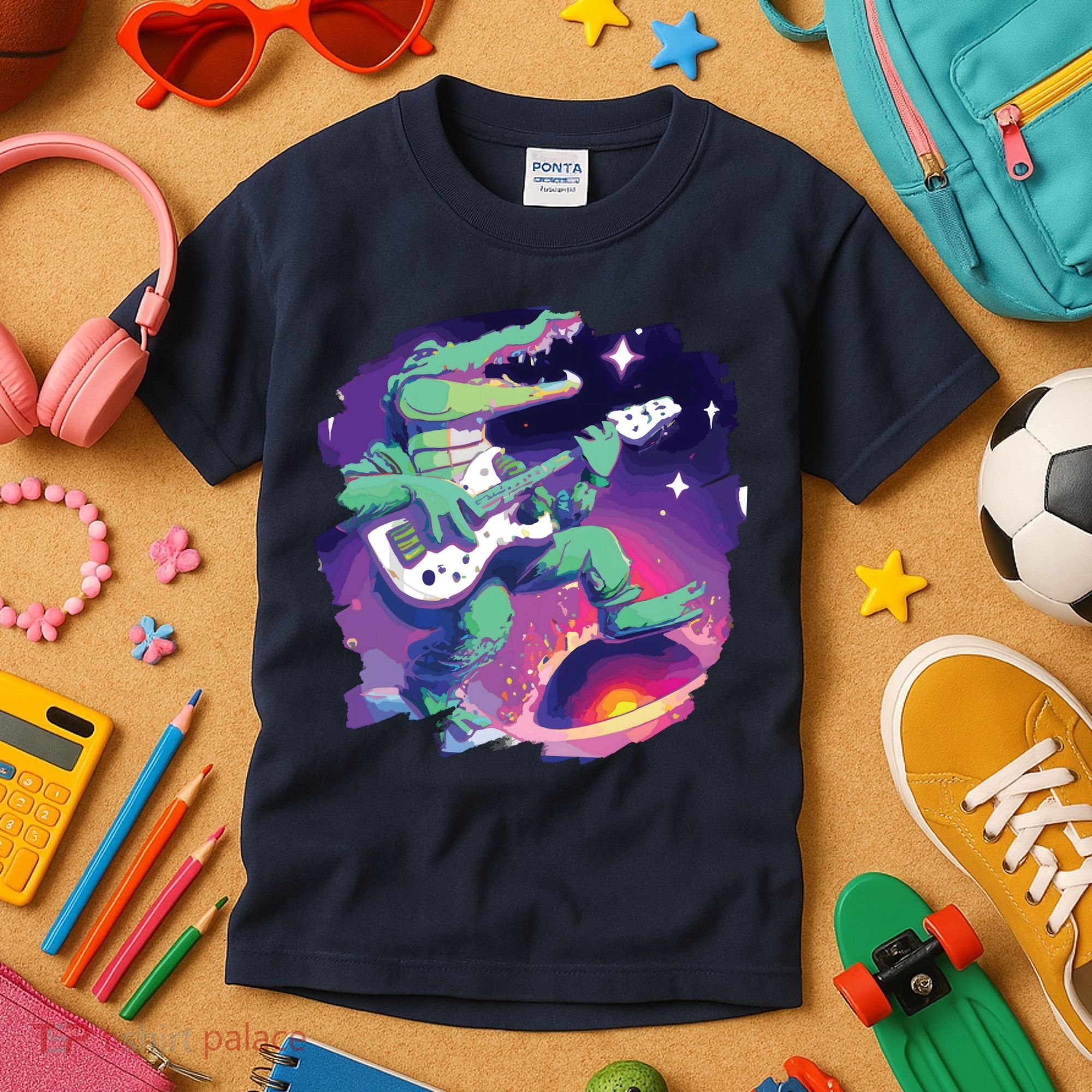 Crocodile Playing Guitar In Space Outer Space Alligator Kids T-Shirt