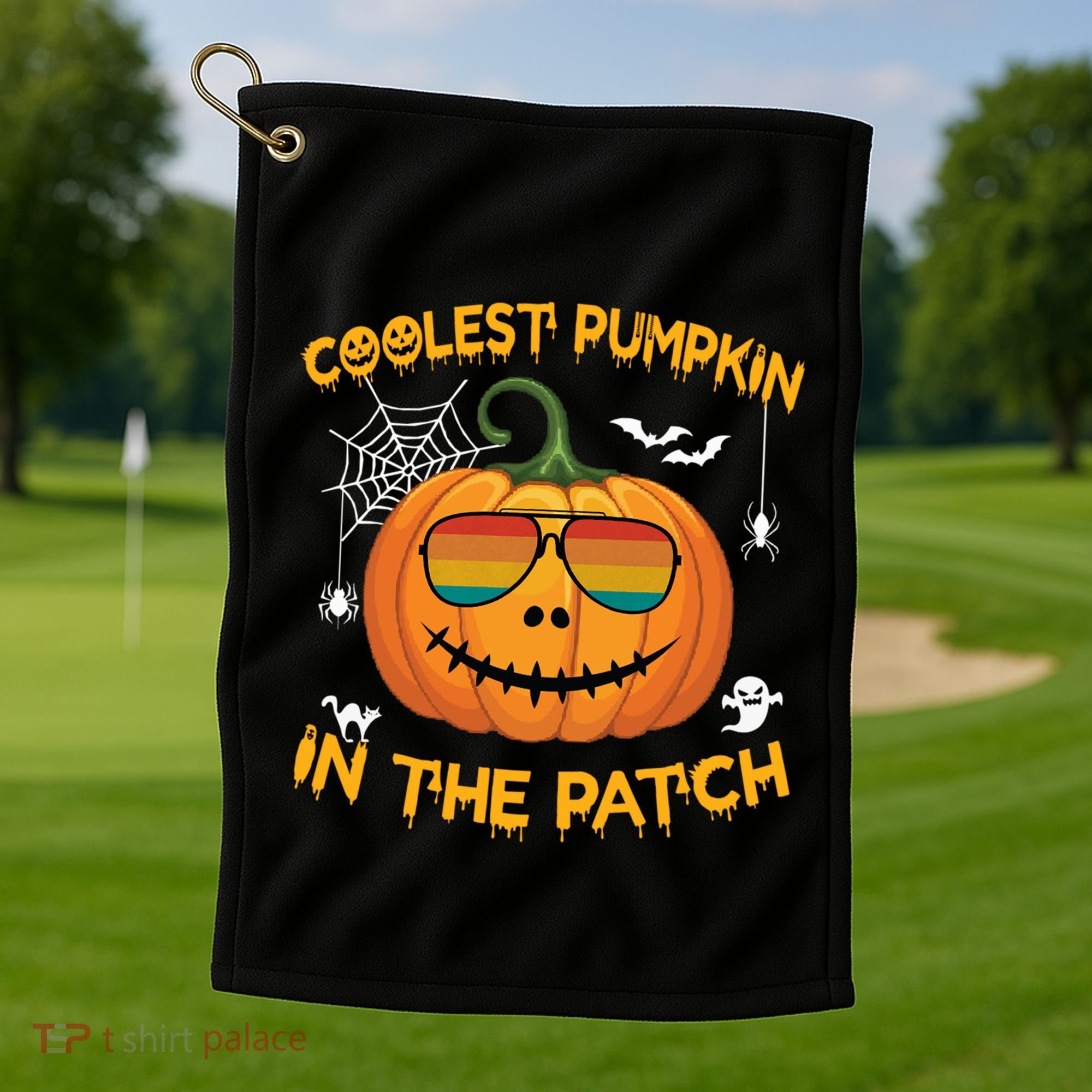 Coolest Pumpkin In The Patch Funny Pumpkin Sunglasses Gift Golf Towel