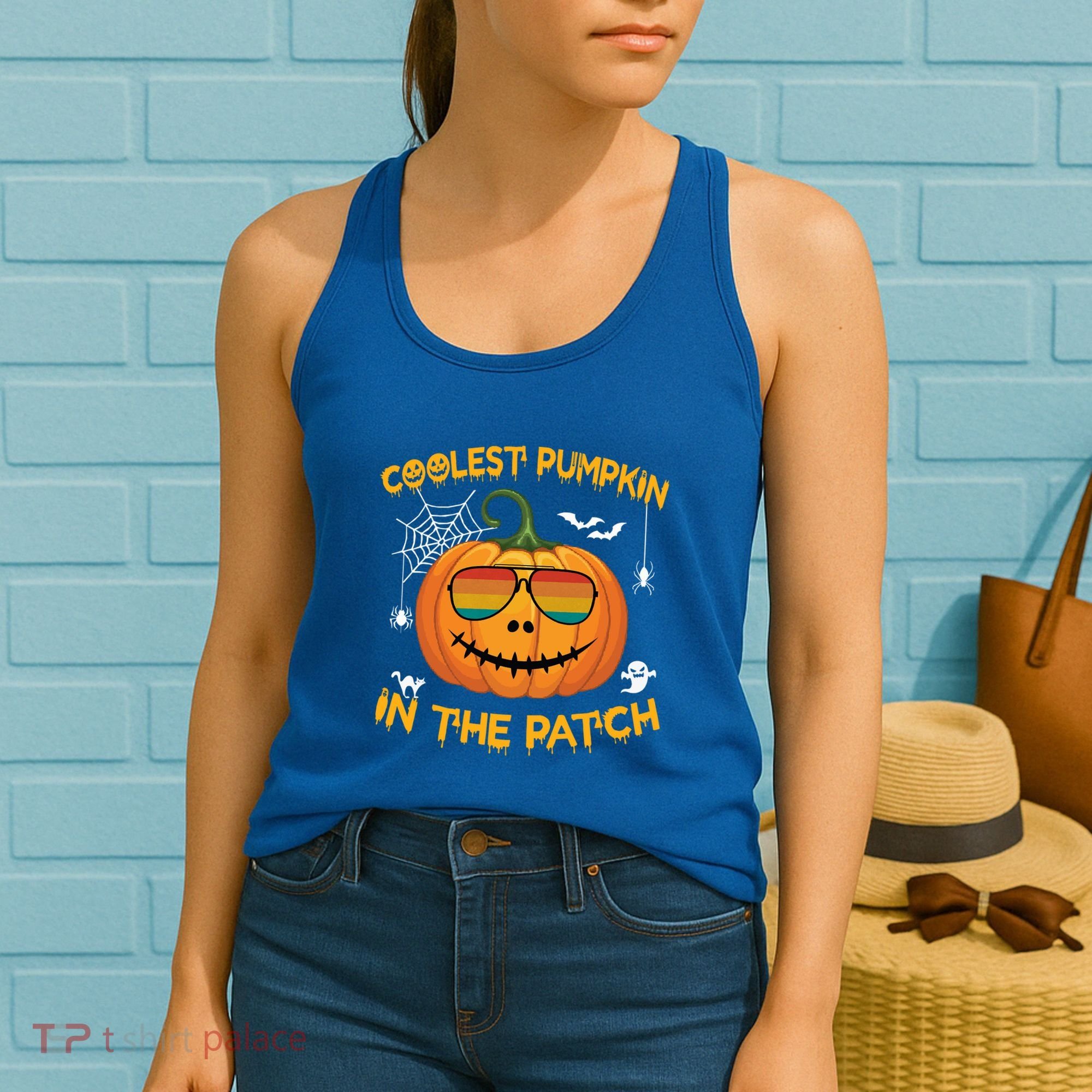 Coolest Pumpkin In The Patch Funny Pumpkin Sunglasses Gift Women's Tank Top