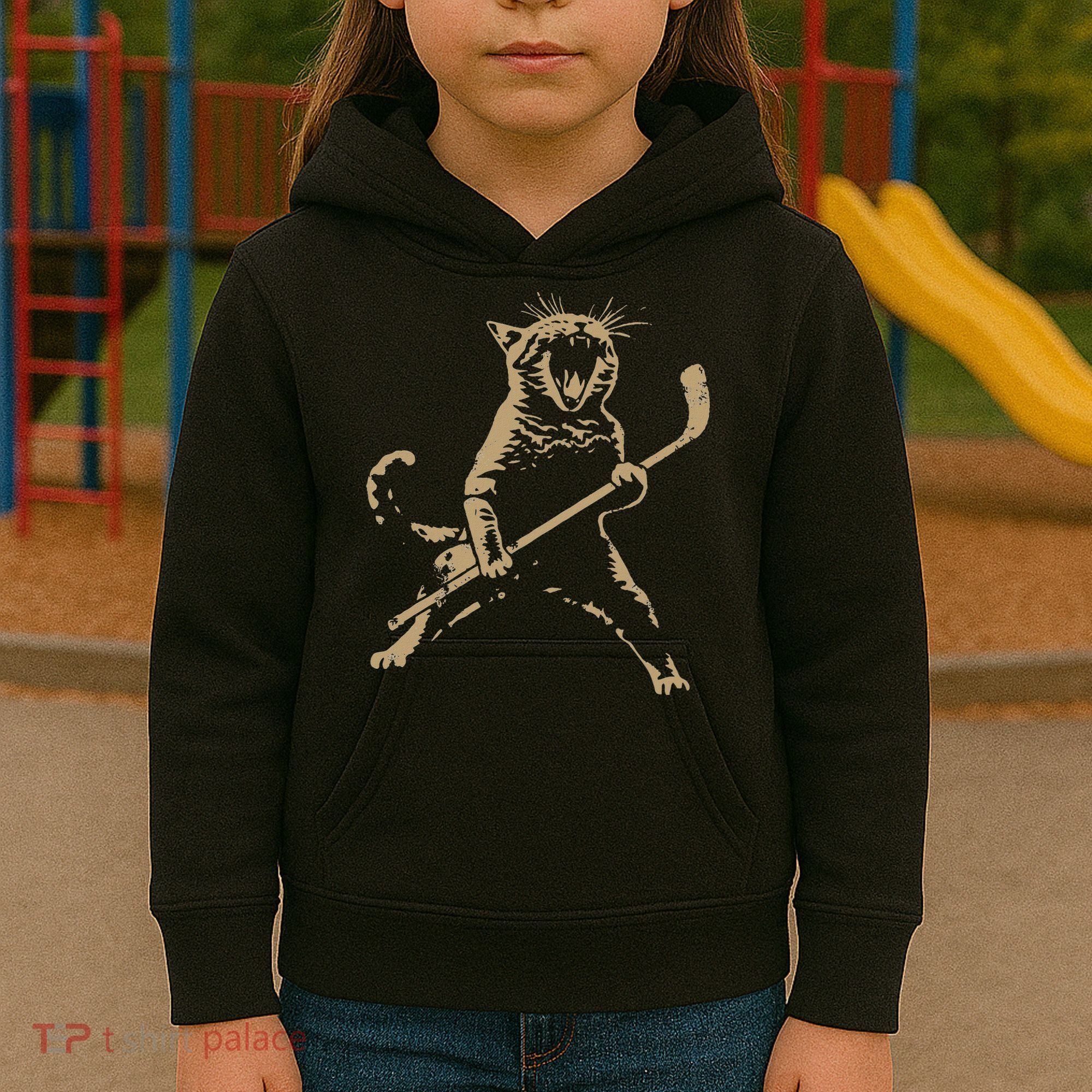 Cat Playing Ice Hockey Kids Hoodie