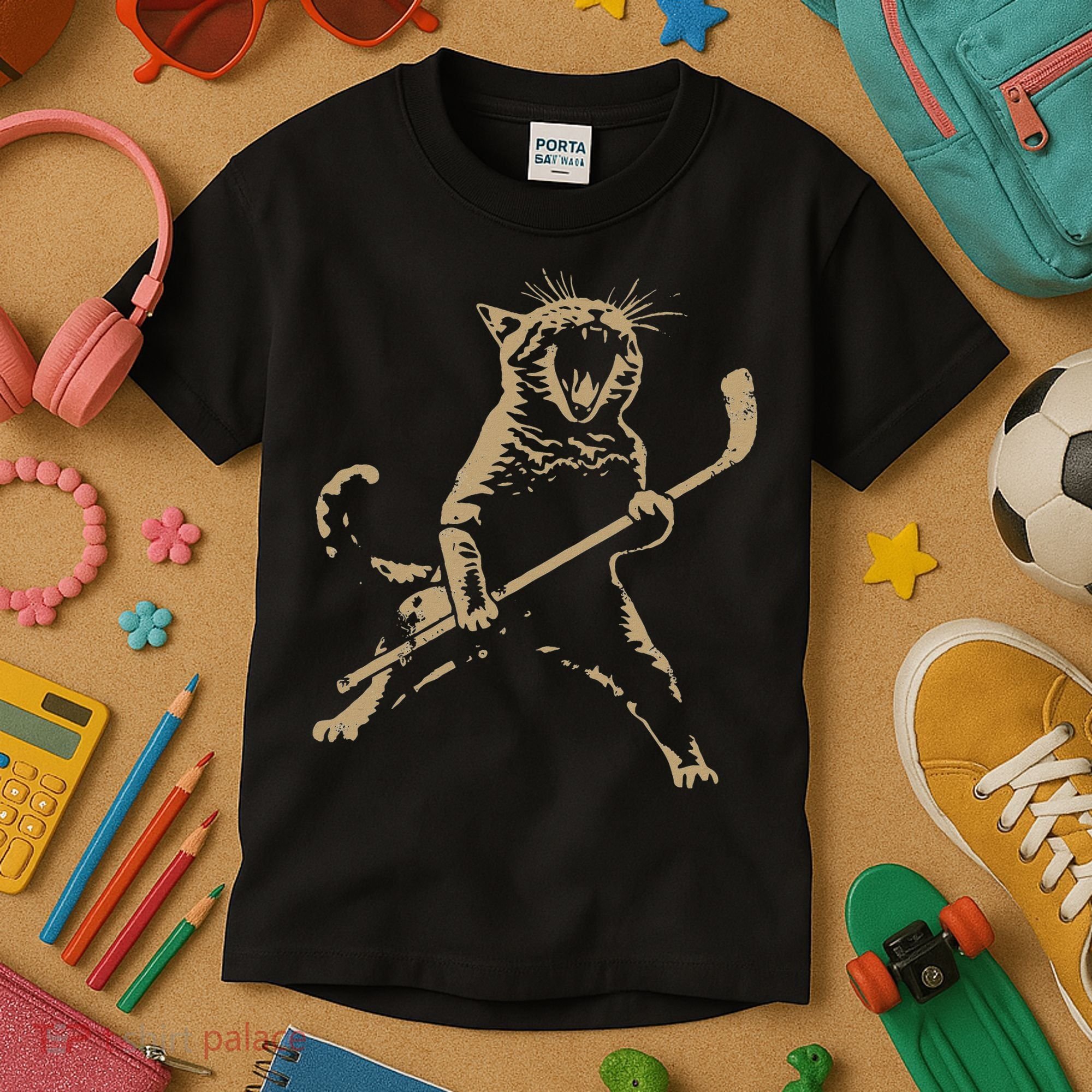 Cat Playing Ice Hockey Kids T-Shirt
