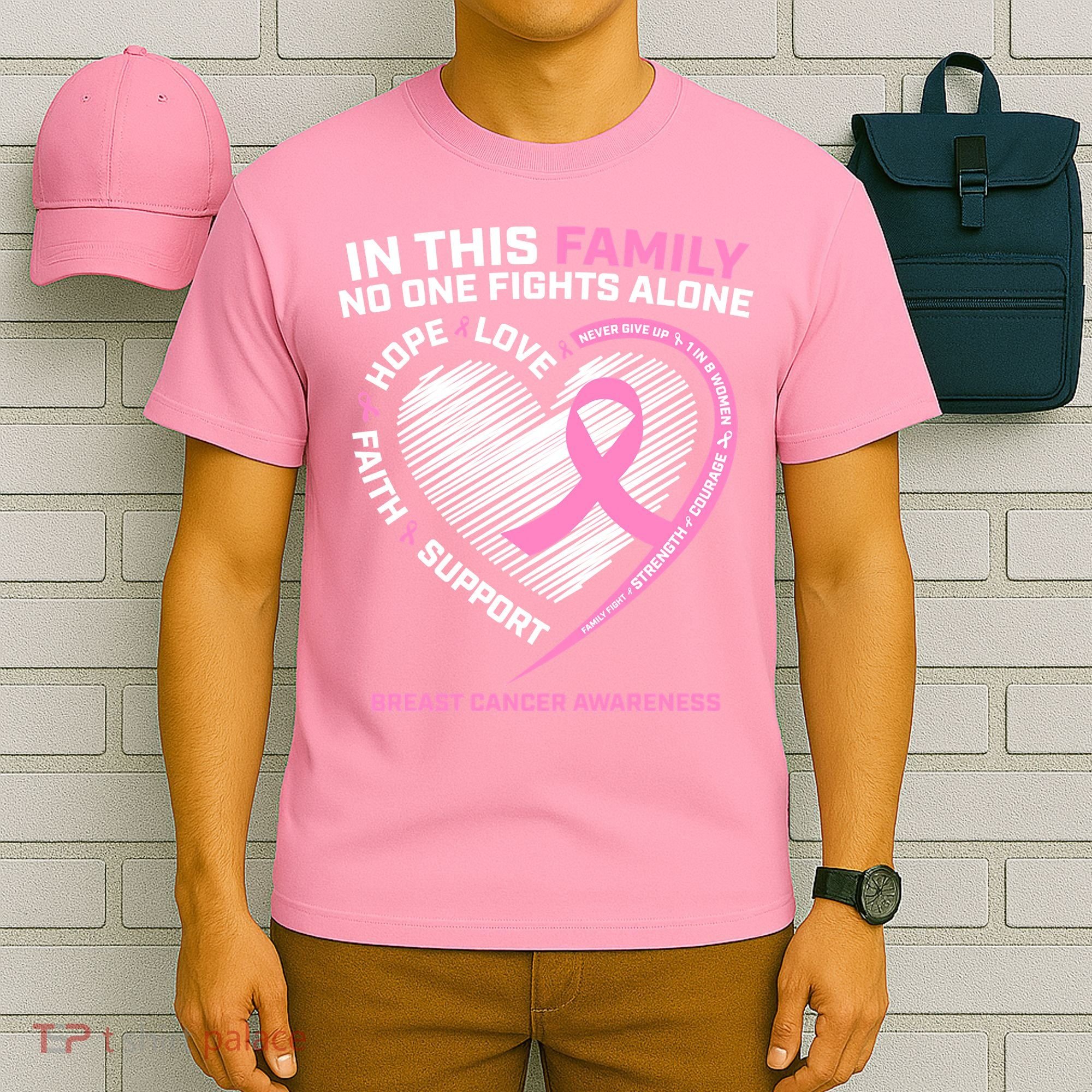 Cute Pink In This Family No One Fights Alone Breast Cancer Awareness For Women T-Shirt