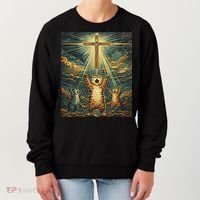 Cat Praying Jesus Cross Scared Cats Worship God Funny Women's Sweatshirt thumb 0
