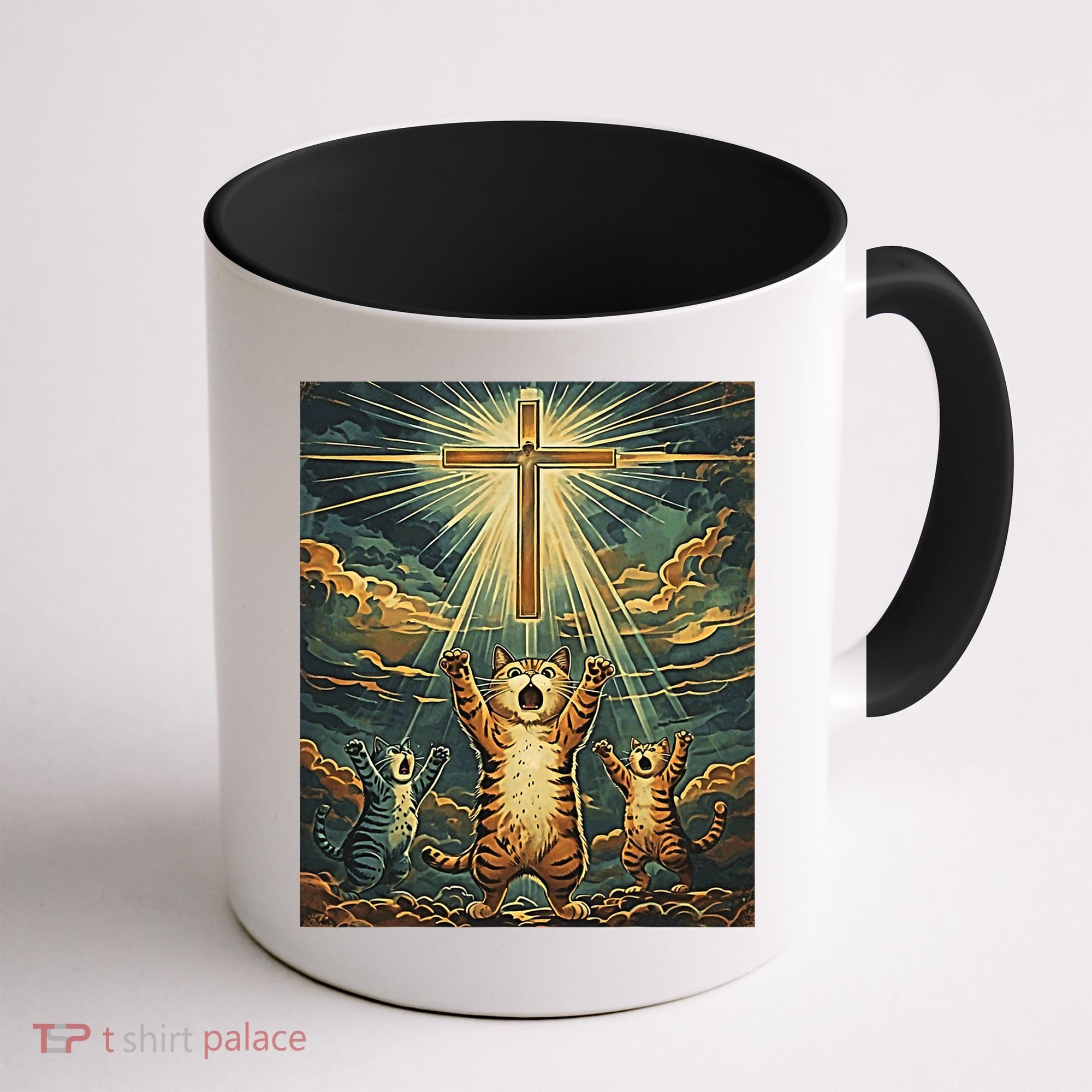 Cat Praying Jesus Cross Scared Cats Worship God Funny Coffee Mug