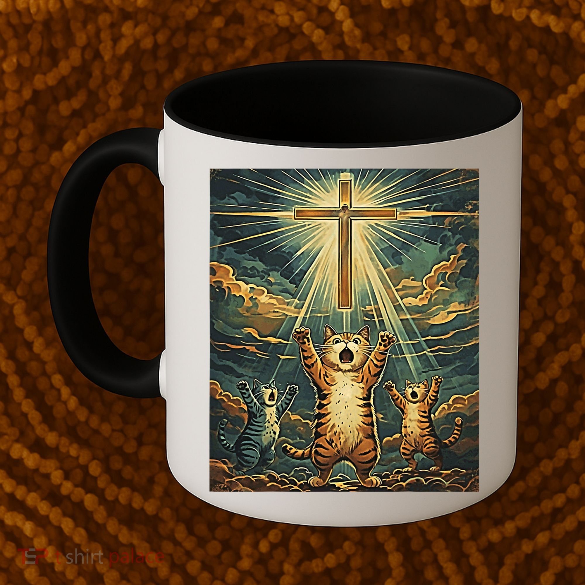 Cat Praying Jesus Cross Scared Cats Worship God Funny Coffee Mug
