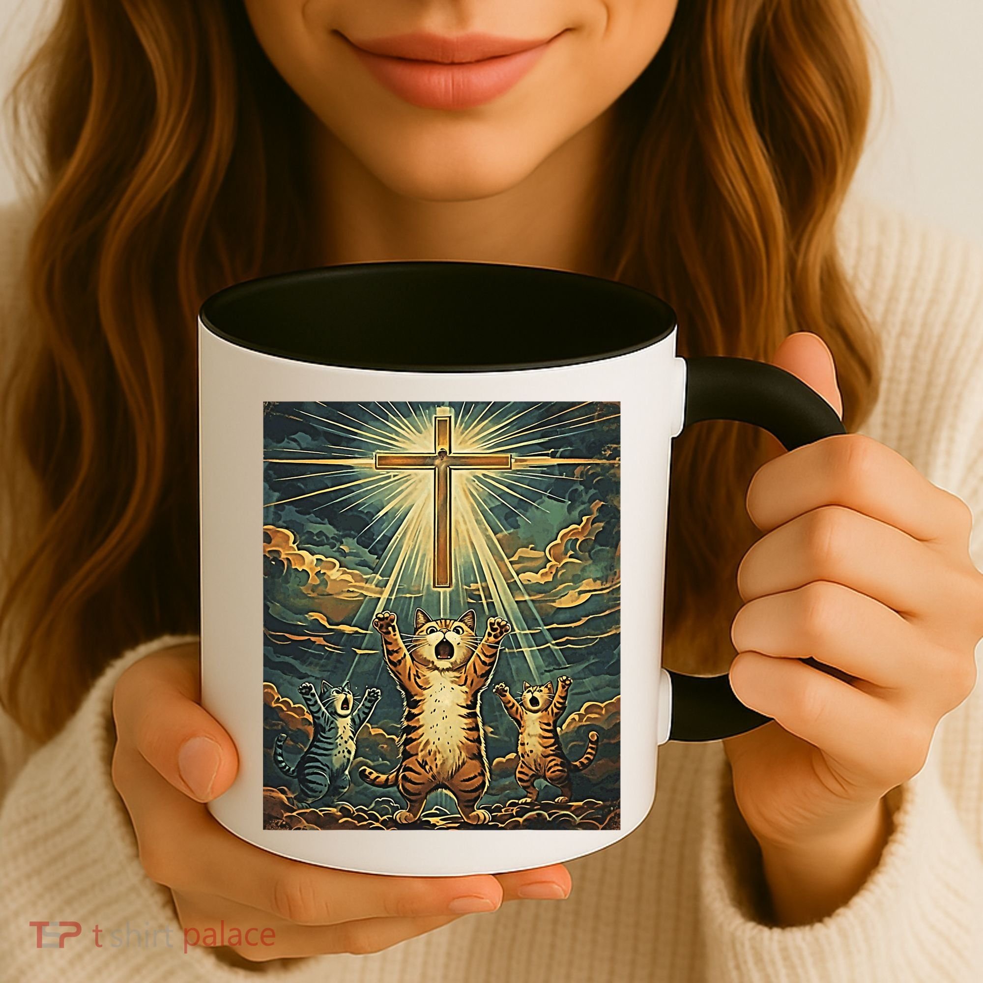 Cat Praying Jesus Cross Scared Cats Worship God Funny Coffee Mug
