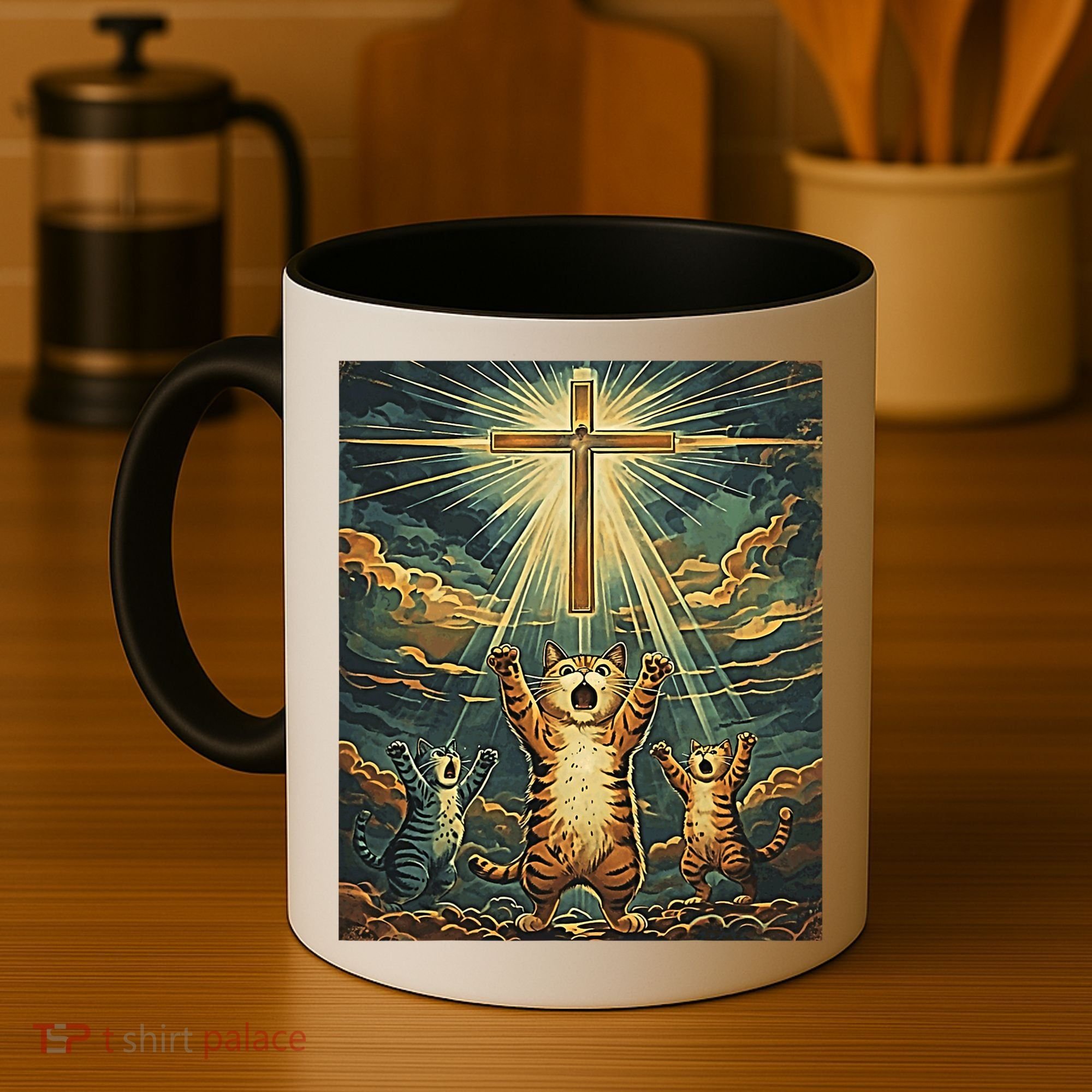 Cat Praying Jesus Cross Scared Cats Worship God Funny Coffee Mug