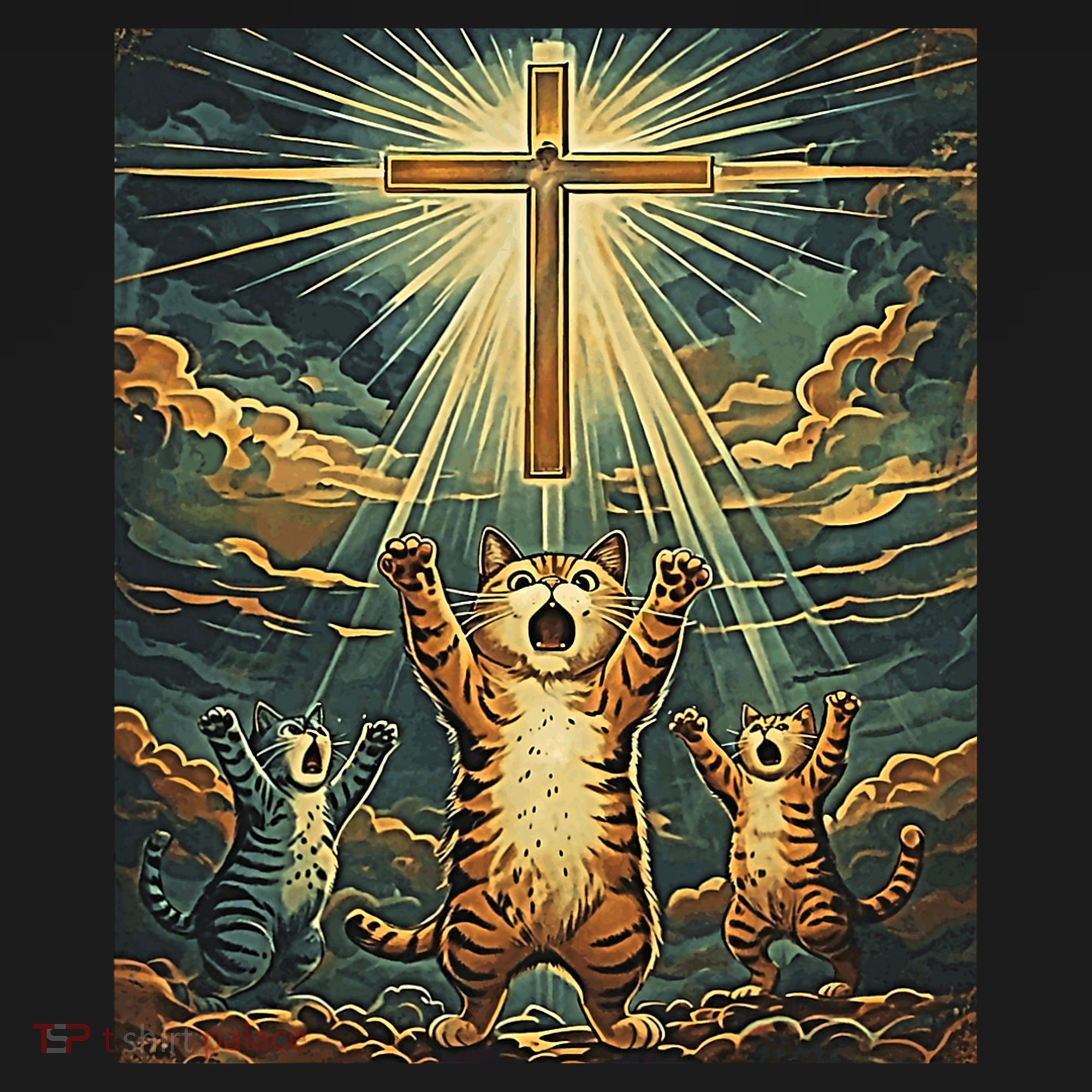 Cat Praying Jesus Cross Scared Cats Worship God Funny Women's Hoodie