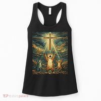 Cat Praying Jesus Cross Scared Cats Worship God Funny Women's Tank Top thumb 0