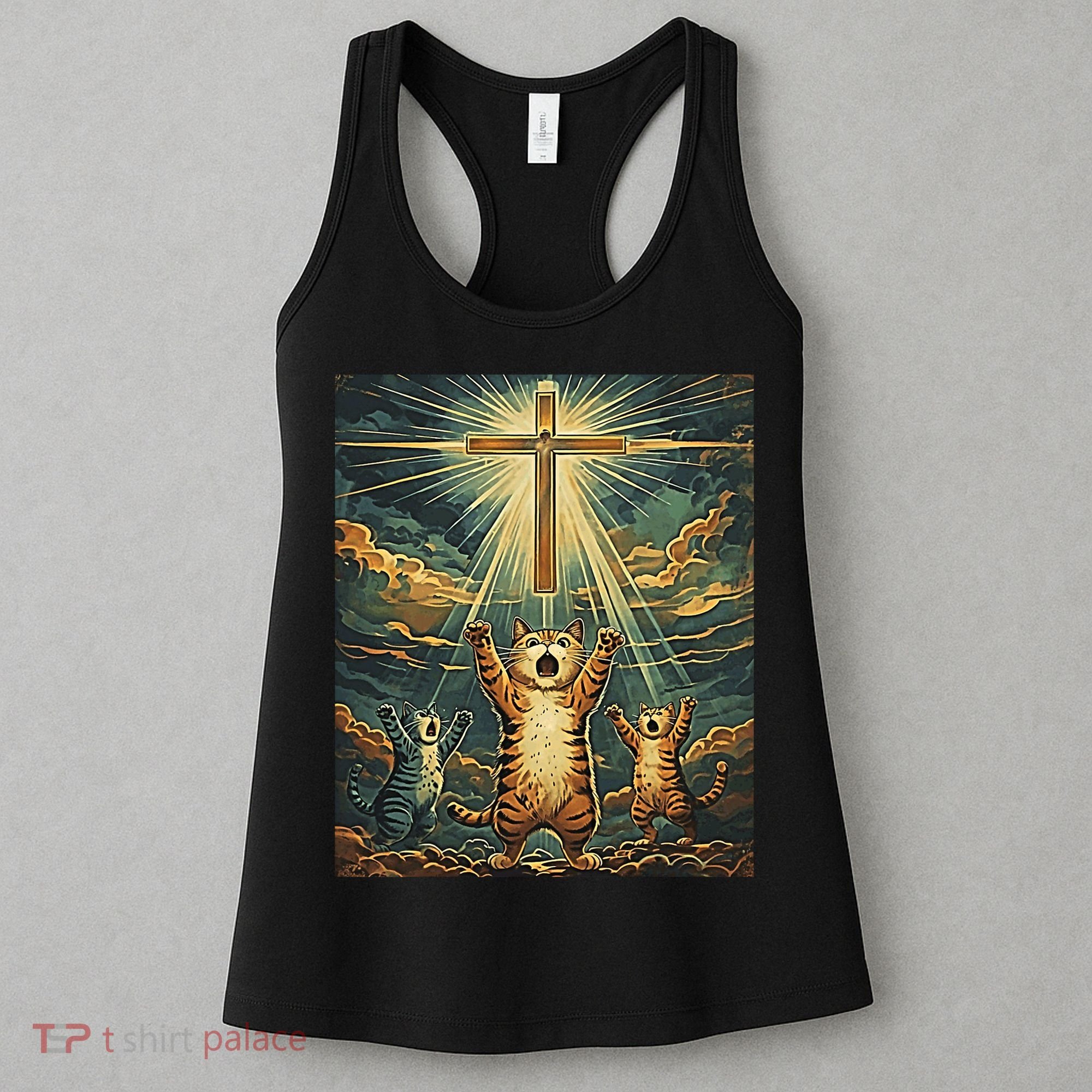 Cat Praying Jesus Cross Scared Cats Worship God Funny Women's Tank Top
