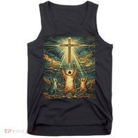 Cat Praying Jesus Cross Scared Cats Worship God Funny Tank Top thumb 0