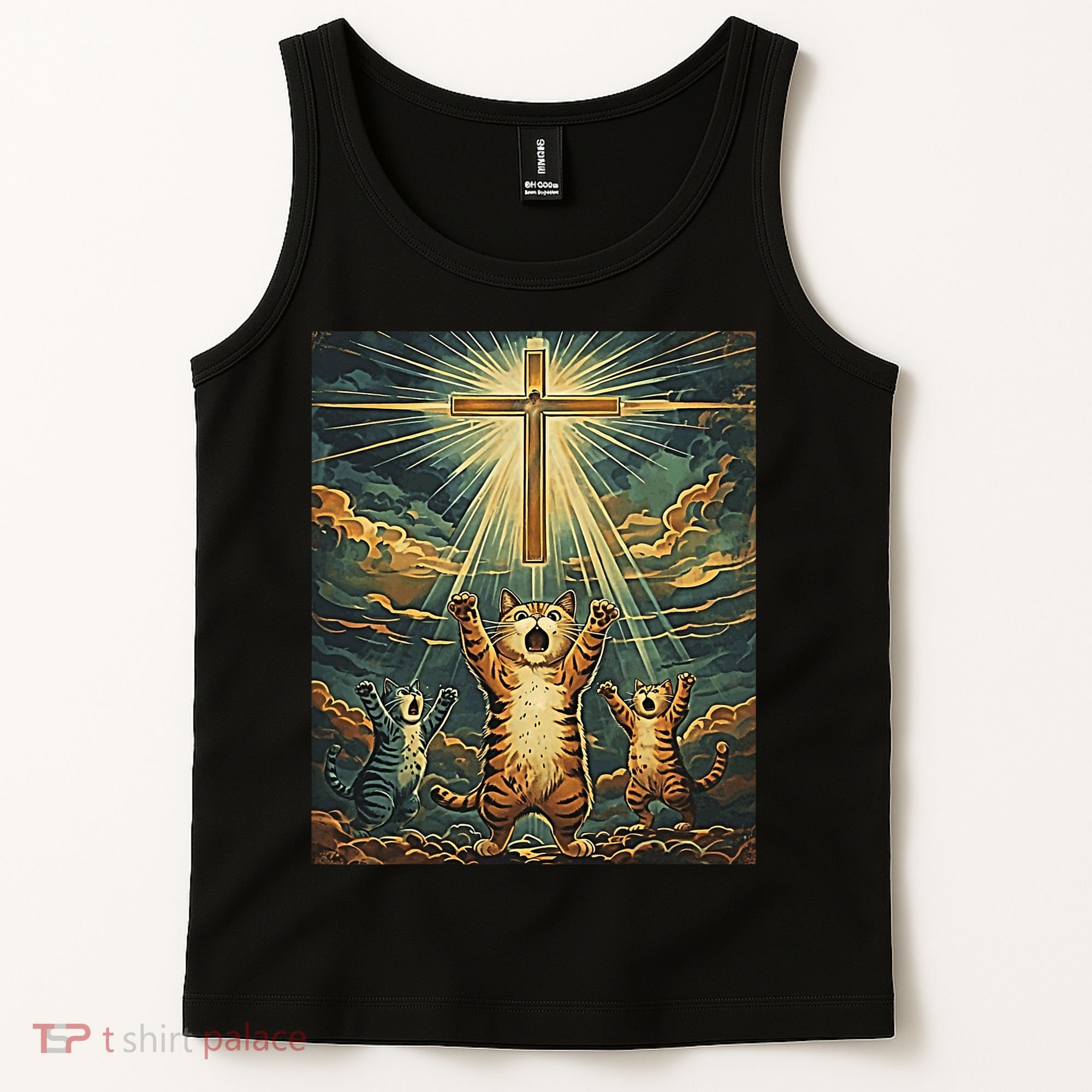 Cat Praying Jesus Cross Scared Cats Worship God Funny Tank Top