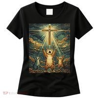 Cat Praying Jesus Cross Scared Cats Worship God Funny Women's T-Shirt thumb 0