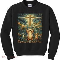 Cat Praying Jesus Cross Scared Cats Worship God Funny Kids Sweatshirt thumb 0