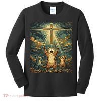 Cat Praying Jesus Cross Scared Cats Worship God Funny Kids Long Sleeve Shirt thumb 0