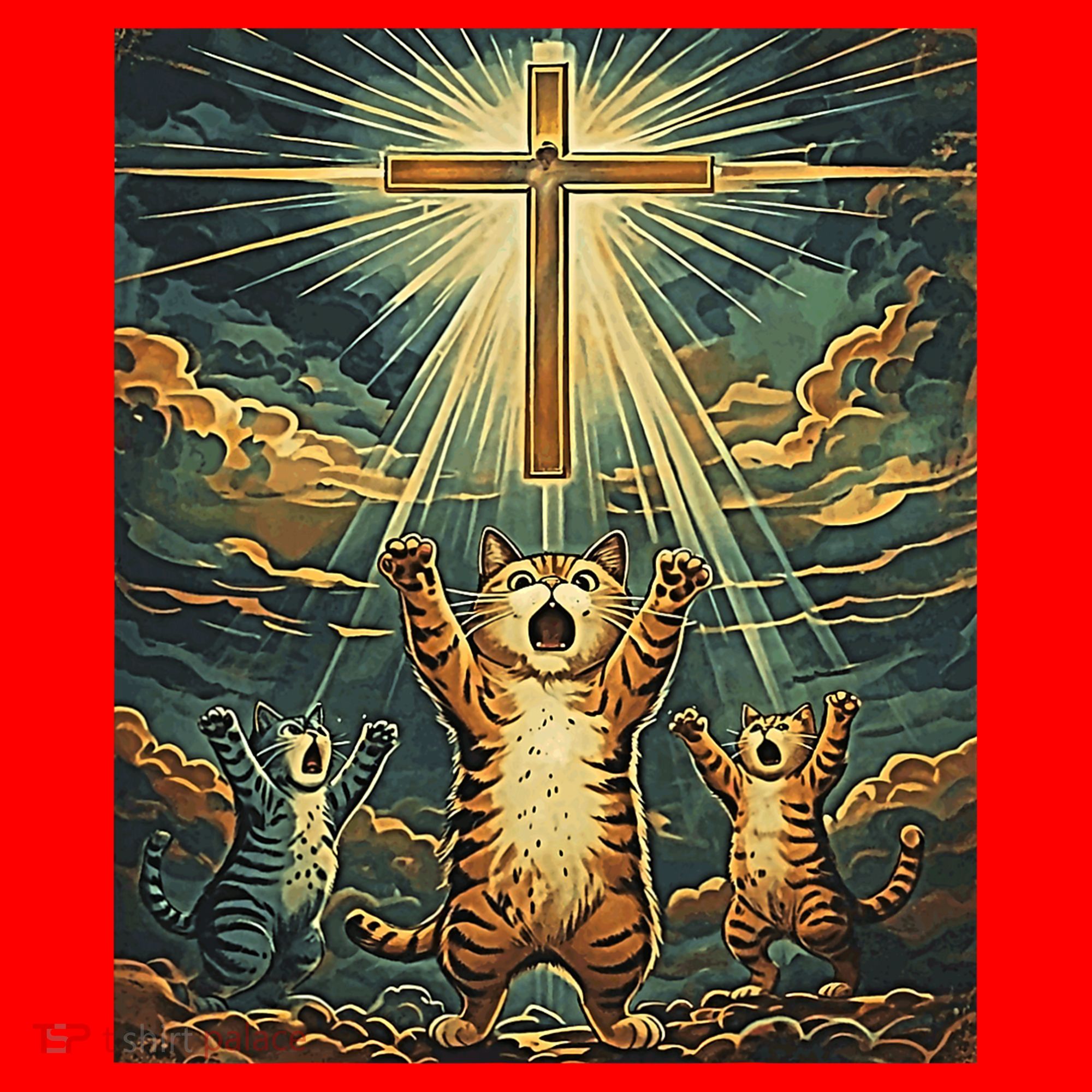 Cat Praying Jesus Cross Scared Cats Worship God Funny Santa Hat