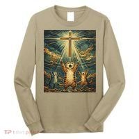 Cat Praying Jesus Cross Scared Cats Worship God Funny Long Sleeve Shirt thumb 0