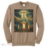 Cat Praying Jesus Cross Scared Cats Worship God Funny Sweatshirt thumb 0