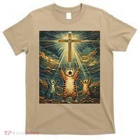 Cat Praying Jesus Cross Scared Cats Worship God Funny T-Shirt thumb 0