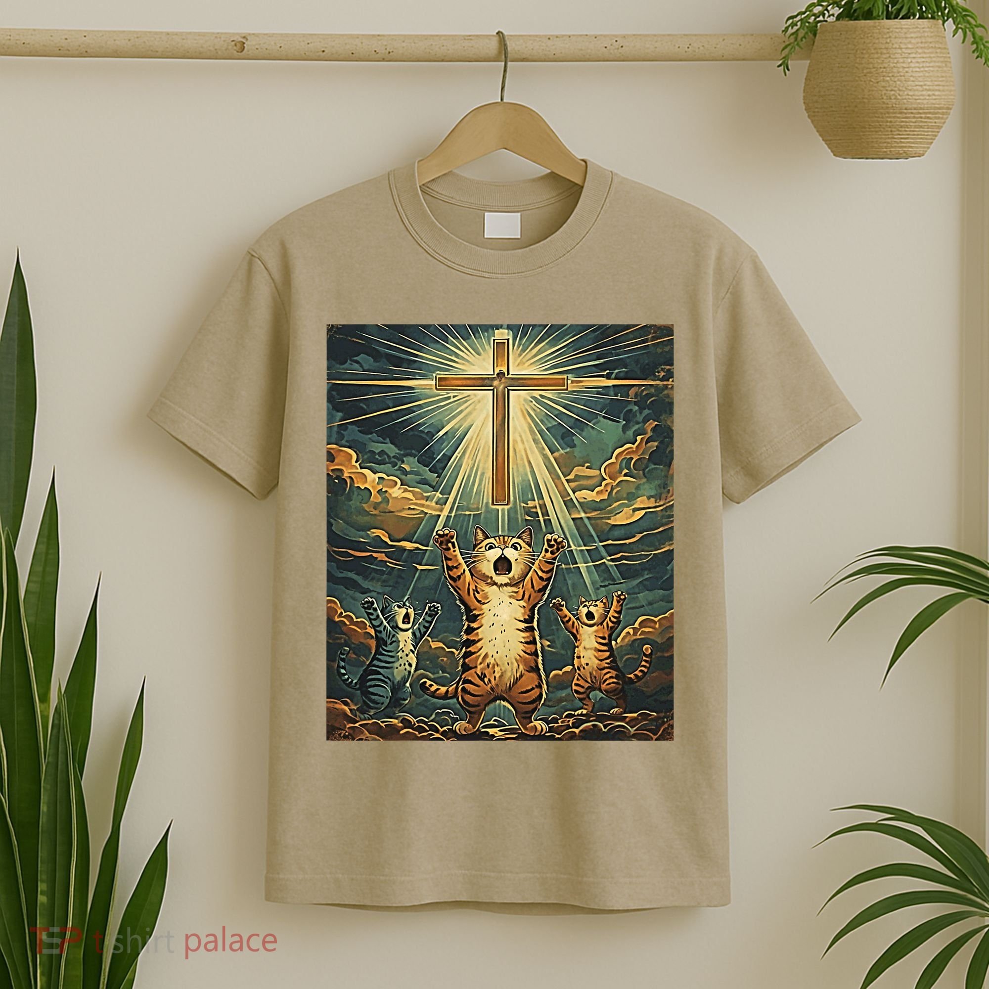 Cat Praying Jesus Cross Scared Cats Worship God Funny T-Shirt