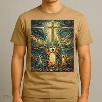 Cat Praying Jesus Cross Scared Cats Worship God Funny T-Shirt thumb 3